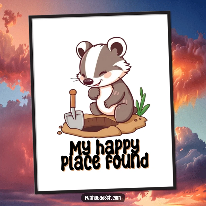 Funny Badger Digital Art Print of an energetic badger character digging a hole with a tiny shovel, offering instant humorous motivation.