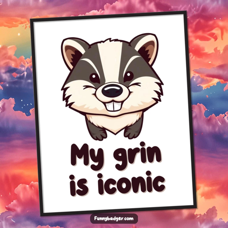 Funny Badger Digital Art Print of a stylized badger head with exaggerated big ears and a sly, mischievous grin, offering instant humorous wall decor.