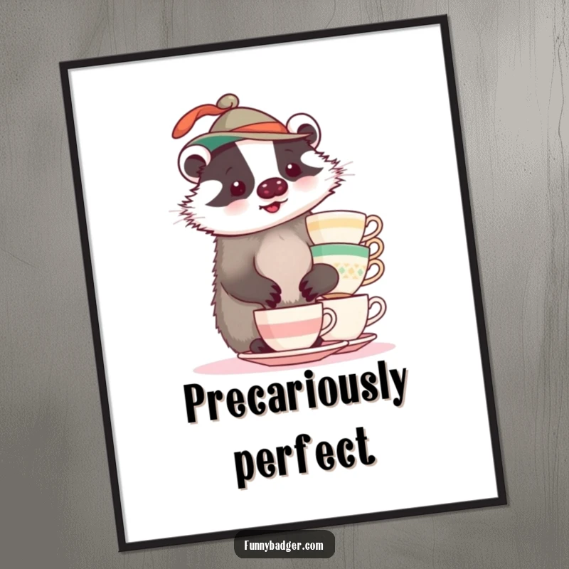 A plump badger in a funny hat hilariously balancing teacups, a humorous digital art print.