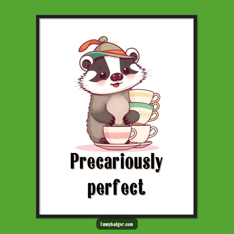 Funny Badger Teacup Digital Art: Wobbly Balance Print Gift