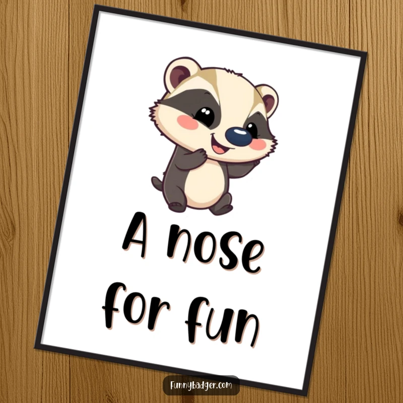 Funny digital art print of a smiling badger balancing a comically large ball on its nose, for instant playful wall decor.