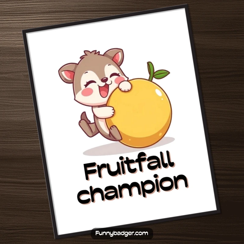 Funny Digital Art Print of a cheerful animal character comically tumbling with a large, wobbly fruit, offering instant humorous decor.