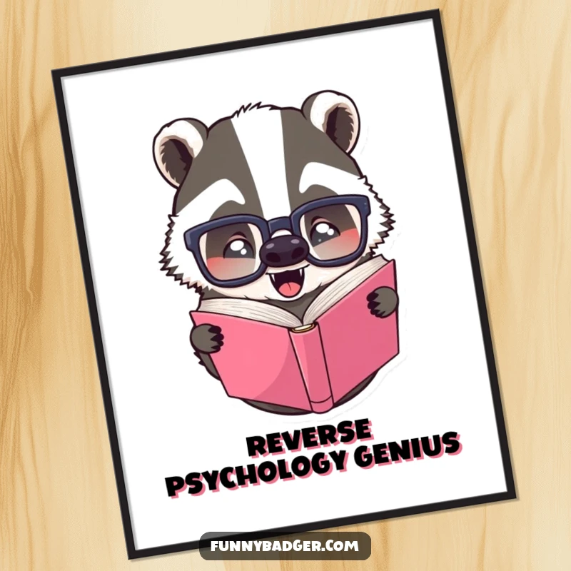 Funny digital art print of a badger with oversized glasses, hilariously reading a book upside down, for instant wall decor.