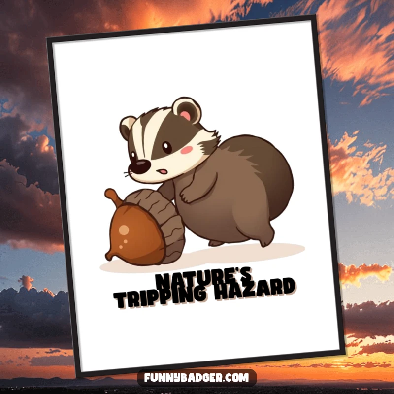Funny digital art print of a surprised badger tripping over a giant, rolling acorn, for instant comical wall decor.