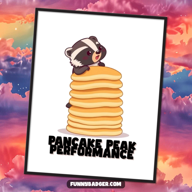 Funny digital art print of a determined badger climbing a ridiculously tall stack of pancakes, for instant ambitious wall decor.