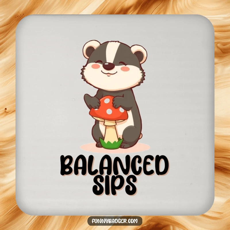 Funny drink coaster featuring a badger in a silly pose, balancing a mushroom, offering quirky surface protection.