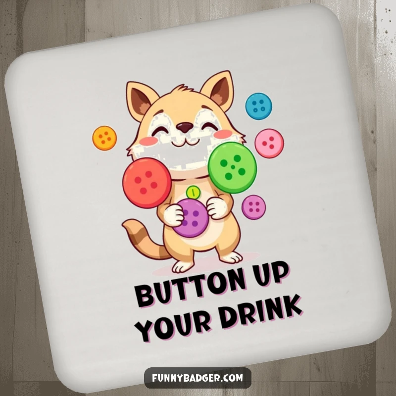 Funny Drink Coasters showcasing a curious animal character juggling brightly colored, oversized buttons, adding humor to surface protection.