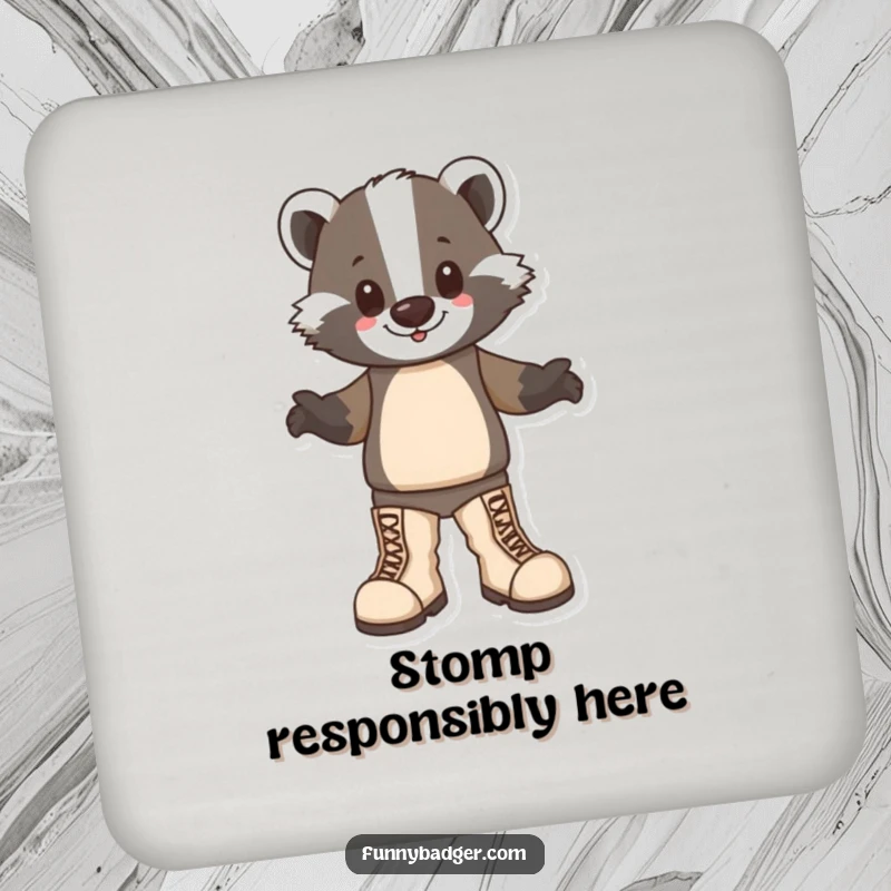 Funny Badger Coaster featuring a happy badger character stomping in oversized boots, offering humorous drink protection.