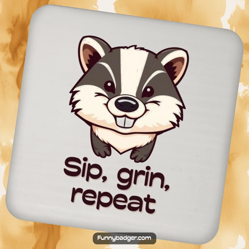 Funny Badger Coaster featuring a stylized badger head with large, noticeable ears and a mischievous grin, offering humorous drink protection.
