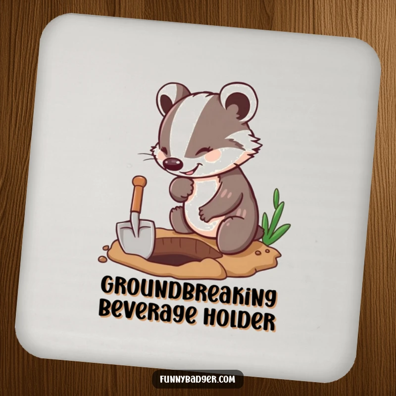 Funny Badger Coaster featuring an enthusiastic badger character digging with a miniature shovel, offering humorous drink protection.