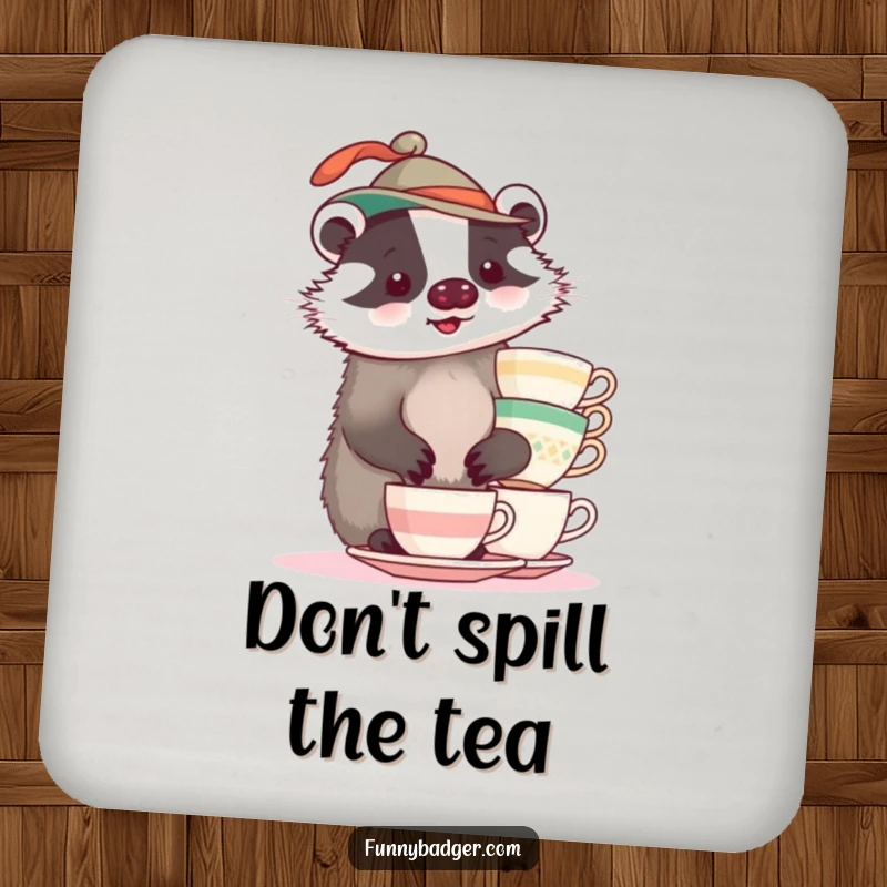 A plump badger wearing a funny hat, balancing teacups, depicted on a humorous drink coaster.