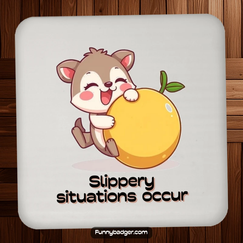 Funny Drink Coasters showcasing a cheerful animal character comically tumbling with a large, wobbly fruit, adding humor to surface protection.