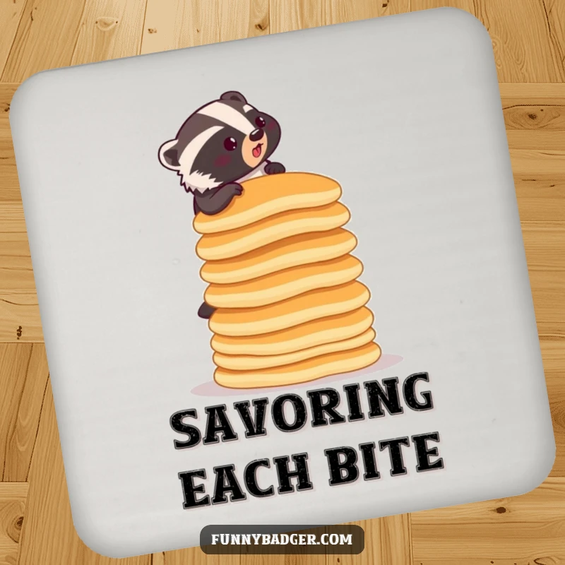 Funny drink coaster featuring a determined badger climbing a ridiculously tall stack of pancakes, protecting furniture with delightful humor.
