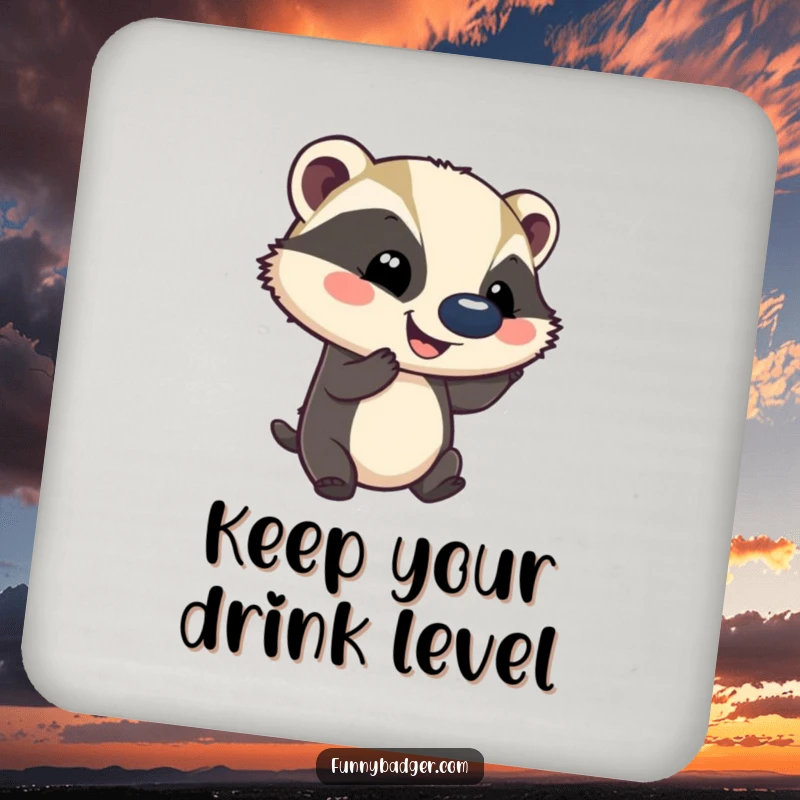 Funny drink coaster featuring a smiling badger balancing a comically large ball on its nose, protecting furniture with delightful humor.