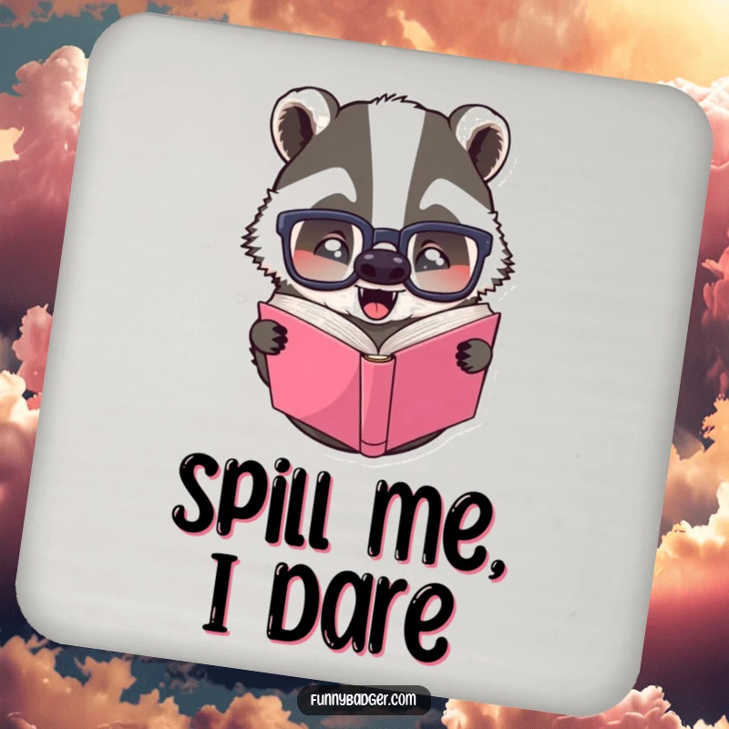 Funny drink coaster featuring a badger wearing glasses, humorously reading a book upside down, protecting furniture with style.