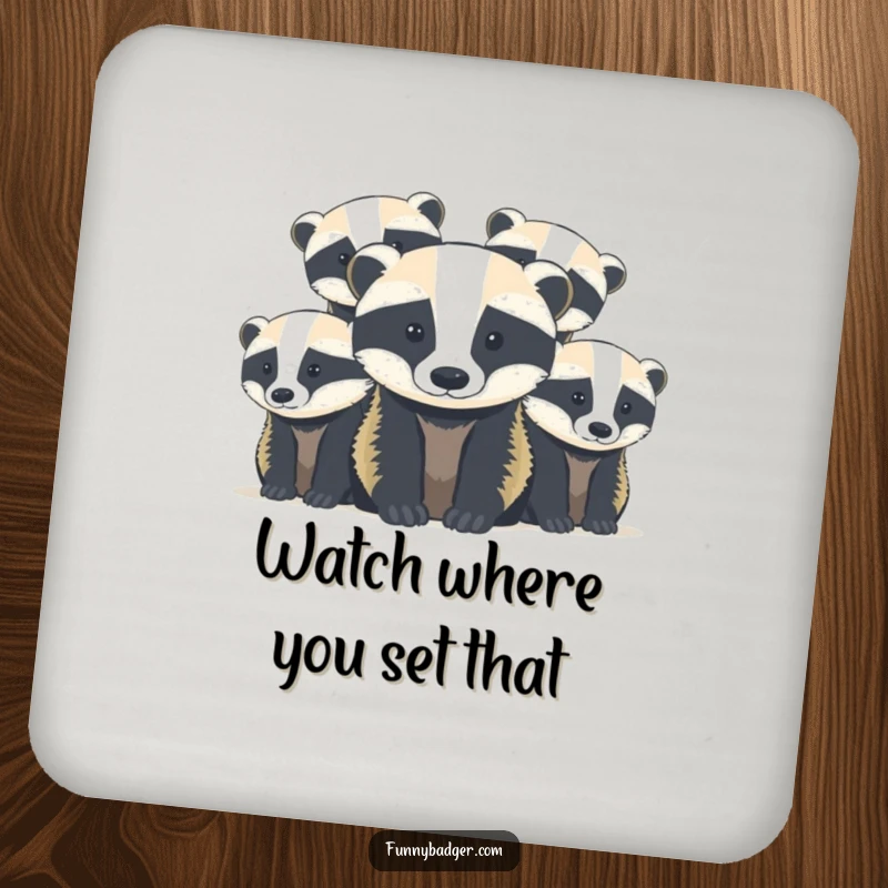 Funny Badger Cubs Coaster featuring abstract, rounded shapes of cute badger cubs peeking, offering humorous drink protection.