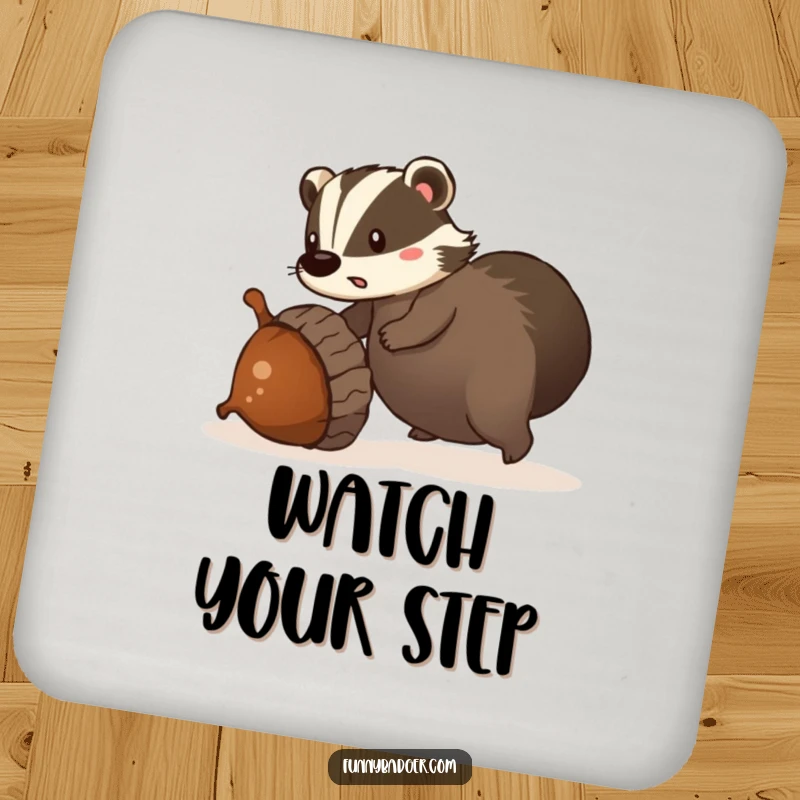 Funny drink coaster featuring a surprised badger tripping over a giant, rolling acorn, protecting furniture with delightful humor.