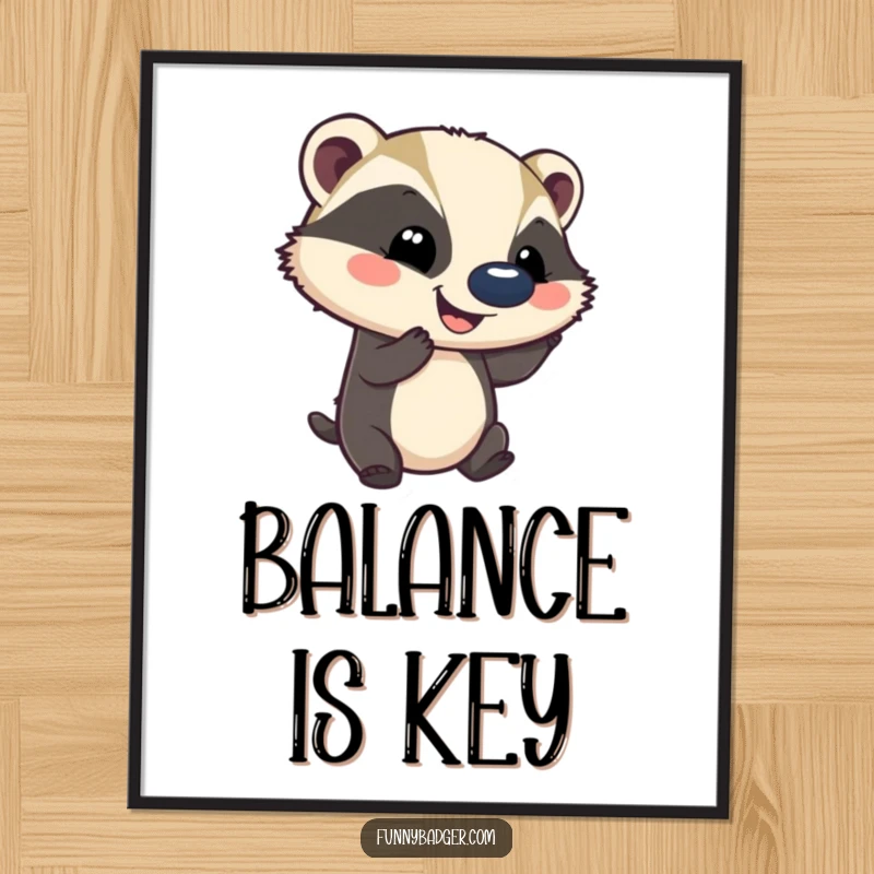 Funny poster showcasing a smiling badger skillfully balancing a comically large ball on its nose, bringing joy and amusement.
