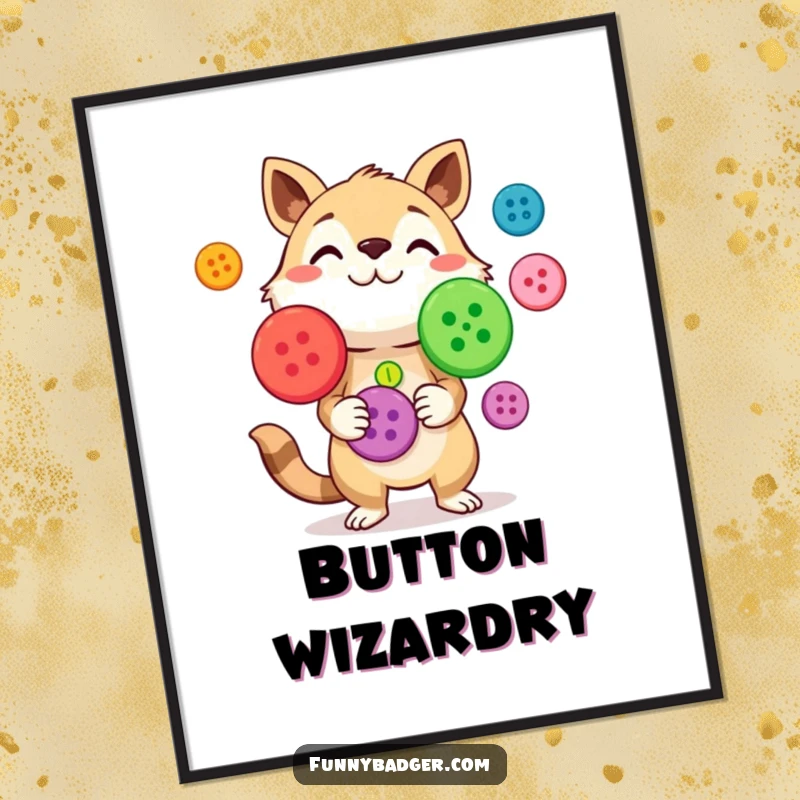 Funny Poster depicting a curious animal character juggling brightly colored, oversized buttons, adding vibrant, playful art to walls.