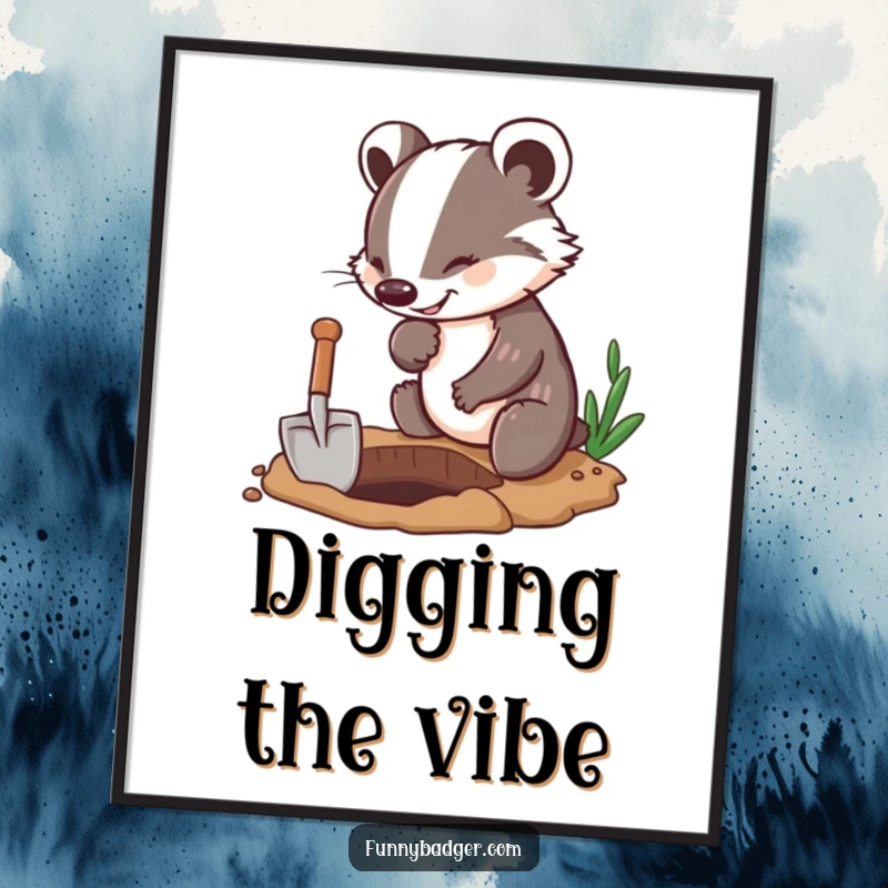 Funny Badger Poster featuring an enthusiastic badger character diligently digging a hole with a miniature shovel, radiating humorous determination.