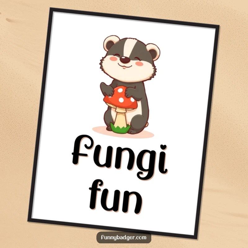 Funny poster of a badger in a silly pose, comically balancing a mushroom, ideal for quirky and humorous wall art.