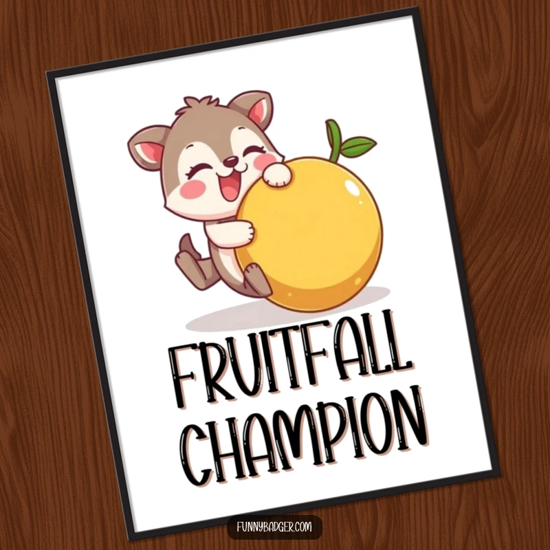 Funny Poster depicting a cheerful animal character comically tumbling with a large, wobbly fruit, adding a touch of playful art.