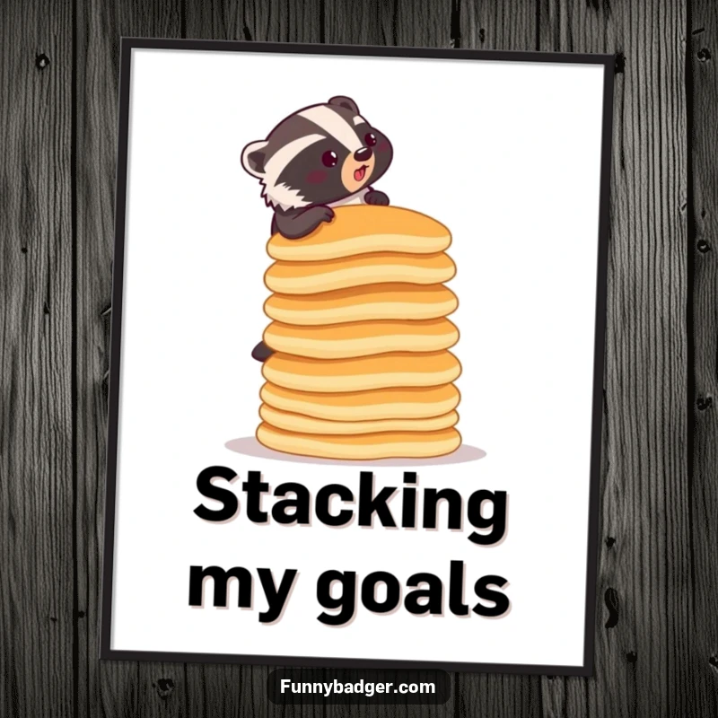 Funny poster showcasing a determined badger attempting to climb a ridiculously tall stack of pancakes, inspiring and amusing.
