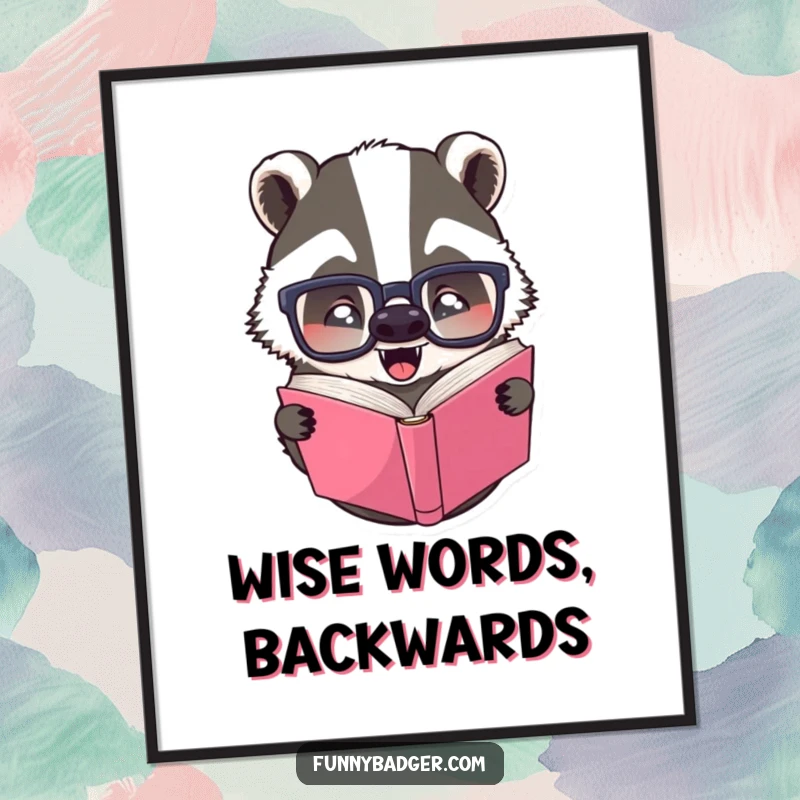 Funny poster featuring a jovial badger in oversized glasses, hilariously attempting to read a book that is upside down.