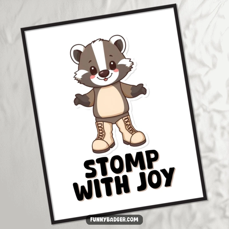 Funny Badger Poster featuring a badger character happily stomping with comically large boots, radiating pure joy and humorous energy.
