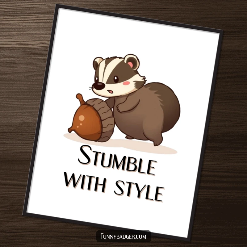Funny poster showcasing a surprised badger tripping over a giant, rolling acorn, capturing a moment of comical chaos.