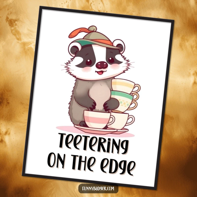 A plump badger in a funny hat hilariously balancing a stack of teacups, creating humorous wall art.