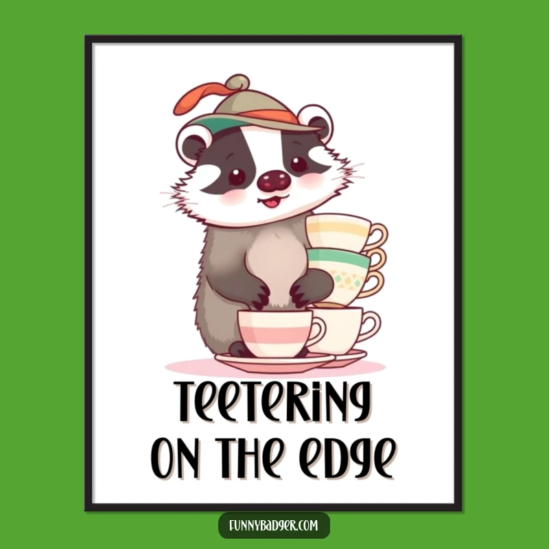 Funny Badger Teacup Art Poster: Wobbly Balance Wall Decor Gift