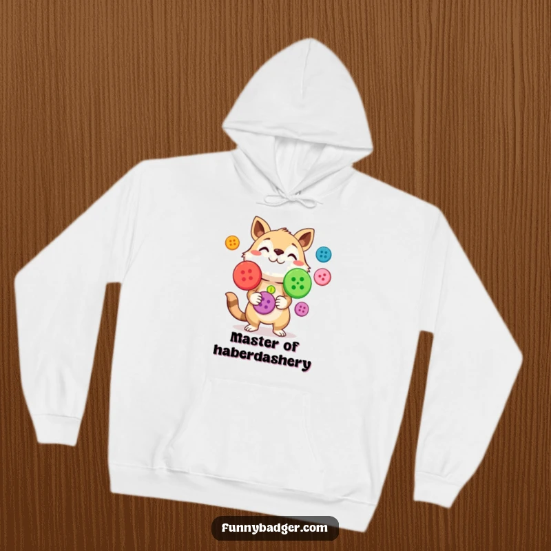 Funny Hoodie of a curious animal character juggling brightly colored, oversized buttons, perfect for cozy, humorous wear.