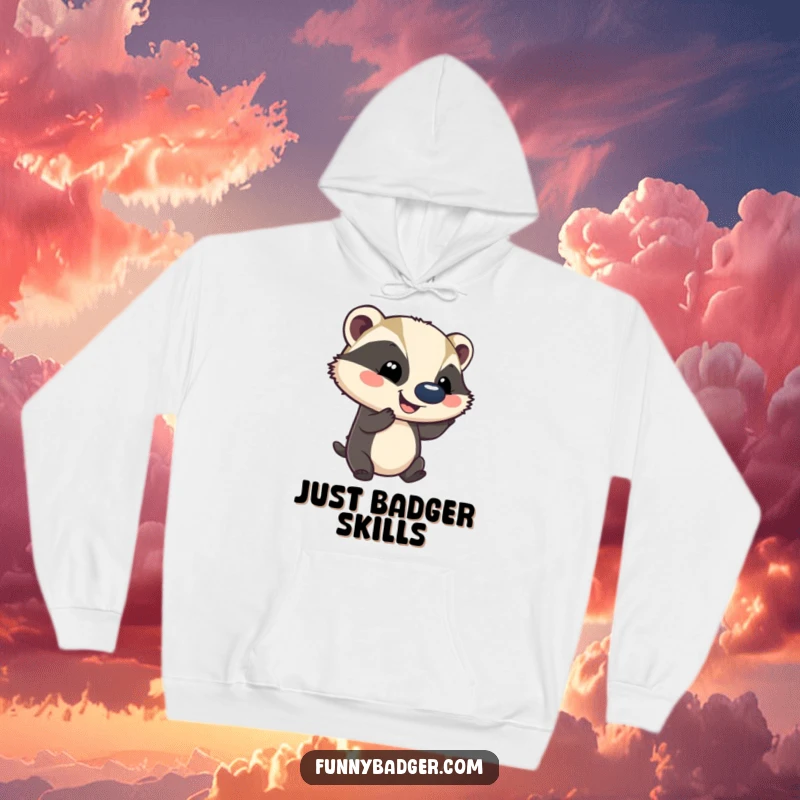 Funny hoodie with a smiling badger balancing a comically large ball on its nose, perfect for cozy and humorous wear.