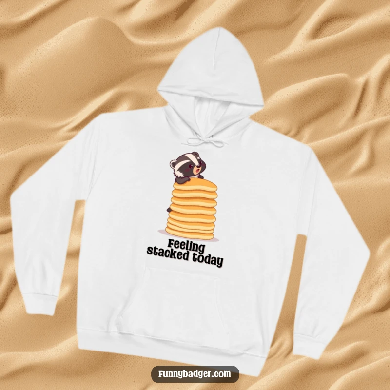 Funny hoodie with a determined badger climbing a ridiculously tall stack of pancakes, perfect for cozy and humorous wear.