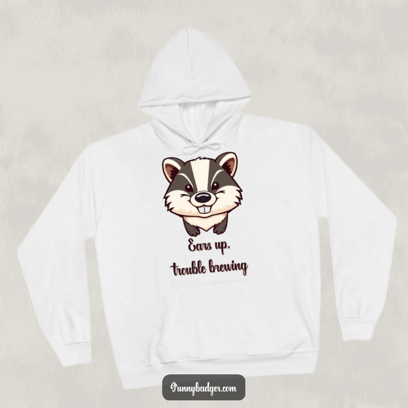 Funny Badger Hoodie featuring a stylized badger head with a sly, mischievous grin and exaggerated big ears, perfect for cozy, humorous wear.