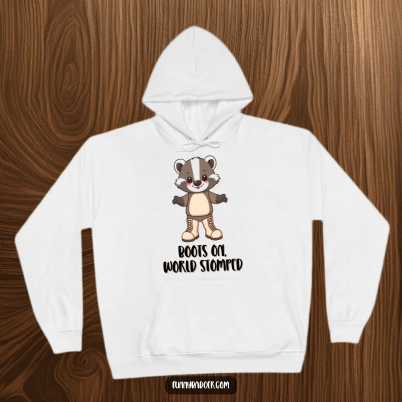 Funny Badger Hoodie featuring a happy badger character stomping in oversized boots, designed for cozy, humorous wear.