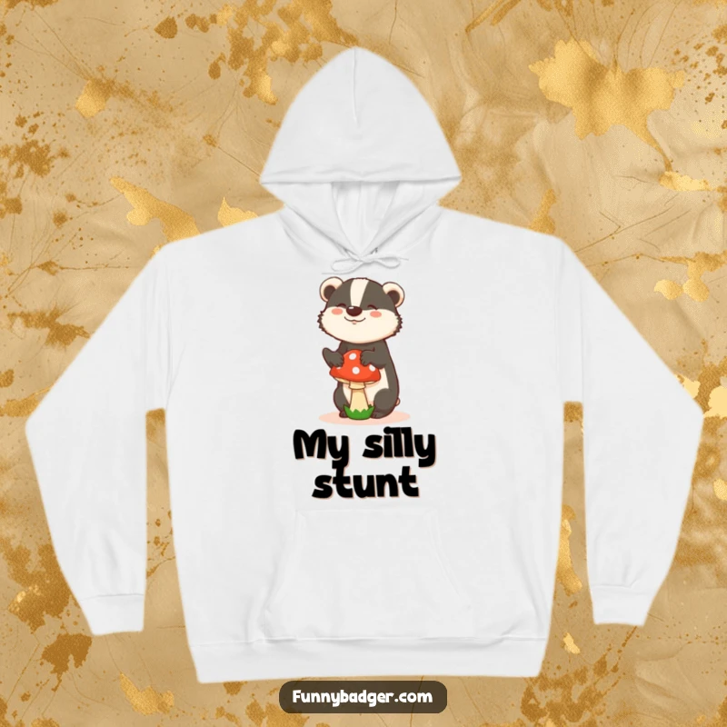 Funny hoodie featuring a badger in a silly pose, attempting to balance a mushroom, offering cozy comfort and quirky humor.