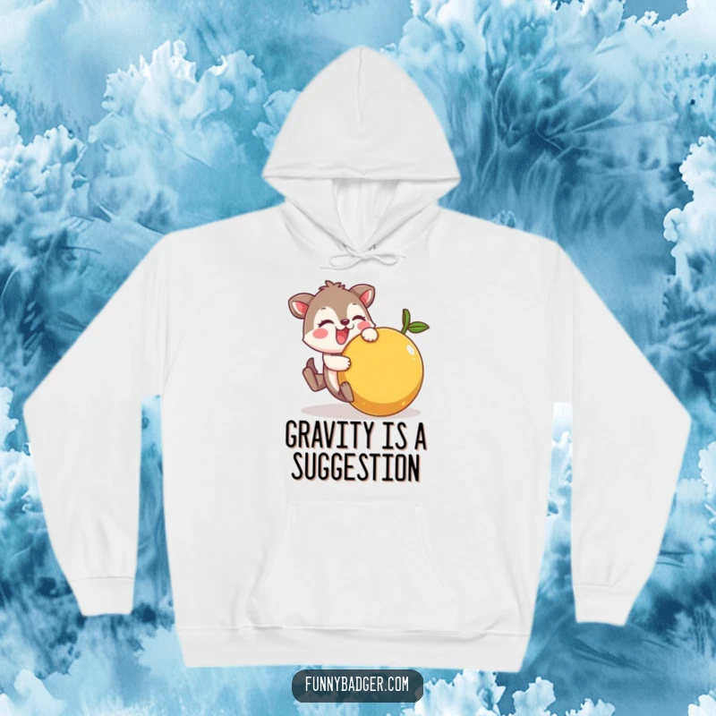Funny Hoodie of a cheerful animal character comically tumbling with a large, wobbly fruit, perfect for cozy, humorous wear.