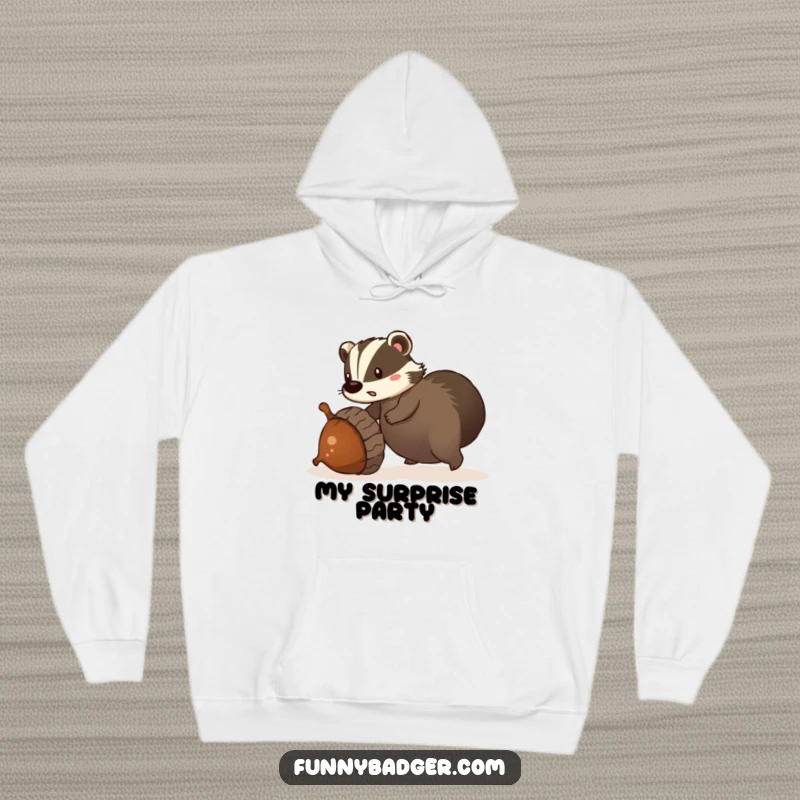 Funny hoodie with a surprised badger tripping over a giant, rolling acorn, perfect for cozy and humorous wear.