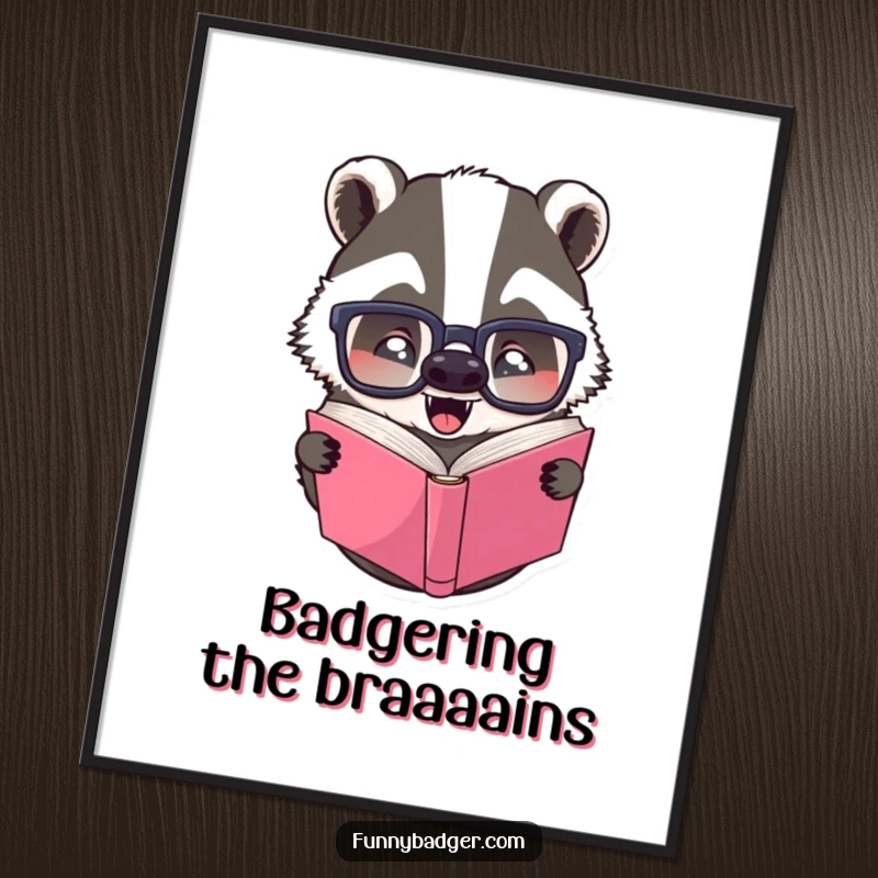 Funny Free Printable Wall Art: A jovial badger wearing oversized glasses reads a book upside down.