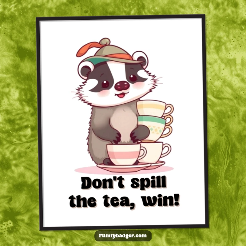Funny Free Printable Wall Art: A plump badger wearing a funny hat is depicted trying to balance an impressive stack of teacups.