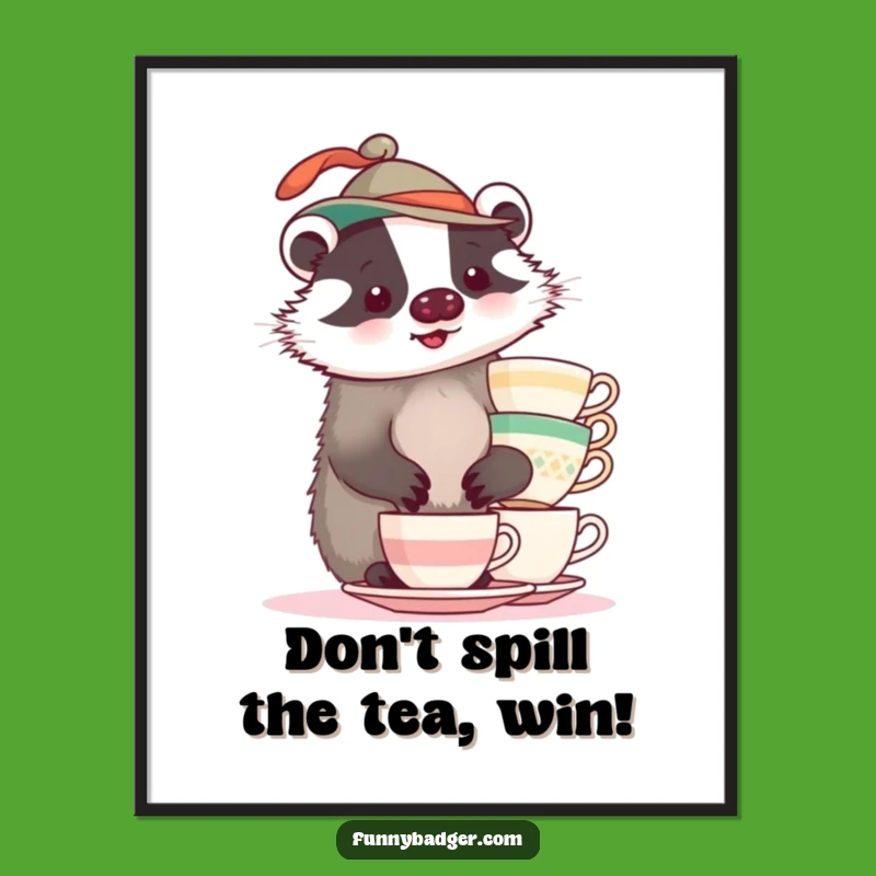 Free Printable Wall Art: Waddling Badger Teacup Balance, Downloadable Art