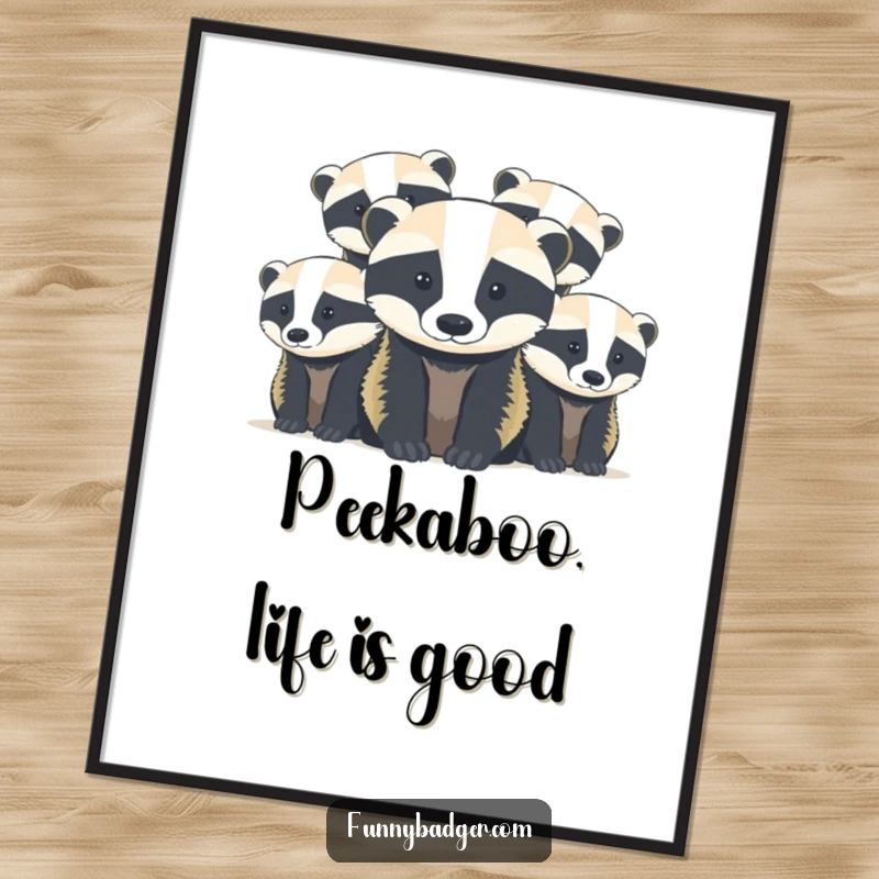 Funny Free Printable Wall Art: Abstract, rounded shapes forming a playful group of cute badger cubs peeking out.