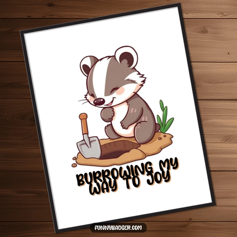 Funny Free Printable Wall Art: A badger character energetically digging a hole with a small shovel, looking determined.