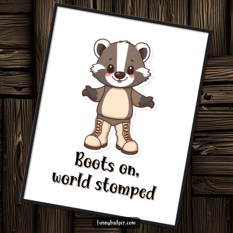 Funny Free Printable Wall Art: Badger character joyfully stomping with oversized boots, radiating happiness.