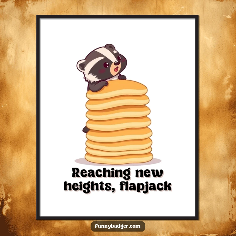 Funny Free Printable Wall Art: A determined badger attempts to climb a ridiculously tall stack of pancakes.