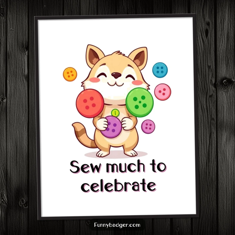 Funny Free Printable Wall Art: Curious animal character in mid-air skillfully juggling a multitude of oversized, brightly colored buttons, a vibrant display.