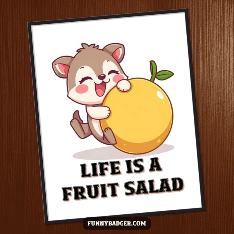 Funny Free Printable Wall Art: Cheerful animal character hilariously tumbling with a massively oversized, wobbly fruit, creating a scene of delightful chaos.