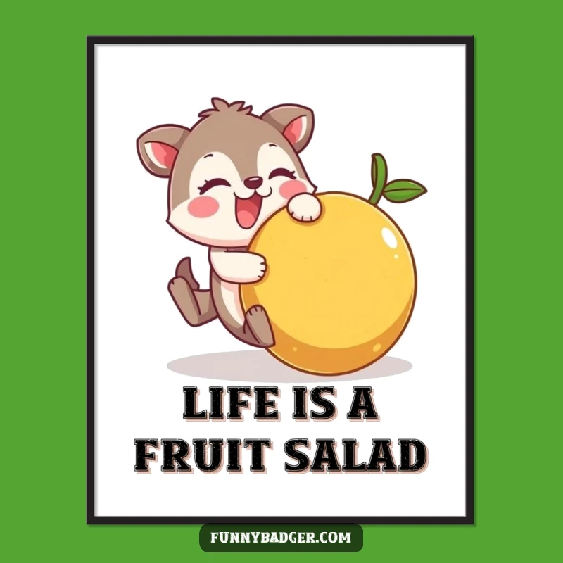 Funny Printable Wall Art: Wobbly Fruit Chaos, Cheerful Animal, Quirky Downloadable Decor